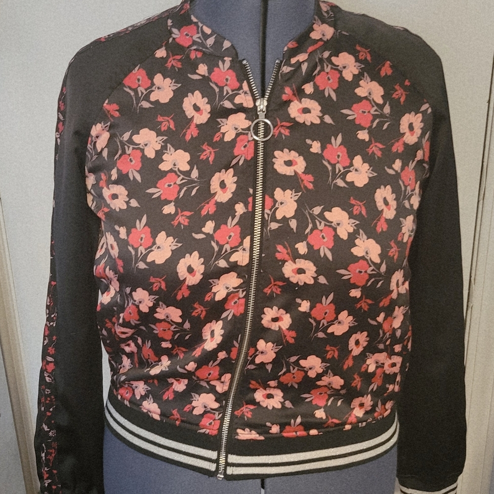 Express Floral Bomber Jacket in Black with Red and Pink Accents
